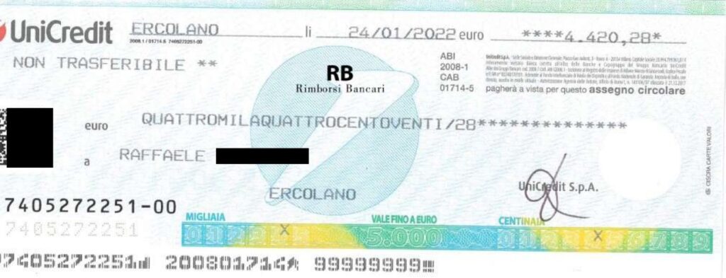 Assegno rimborsi bancari